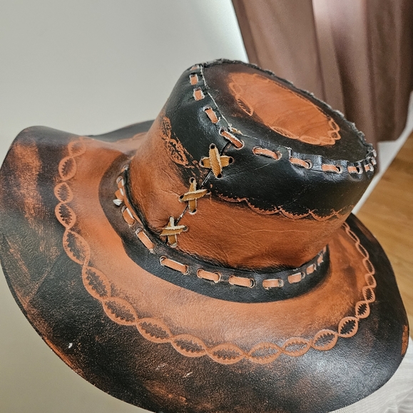 Vintage Hand Tooled Leather Cowboy Hat Hippie Hat - Picture 3 of 8